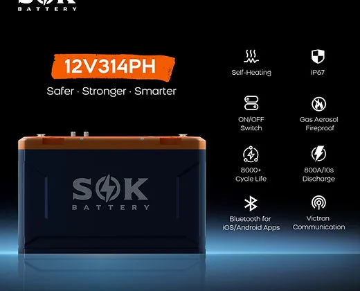 12V 314Ah Lithium Battery, Built-in heater & Bluetooth, Victron CAN Comms | SOK Battery