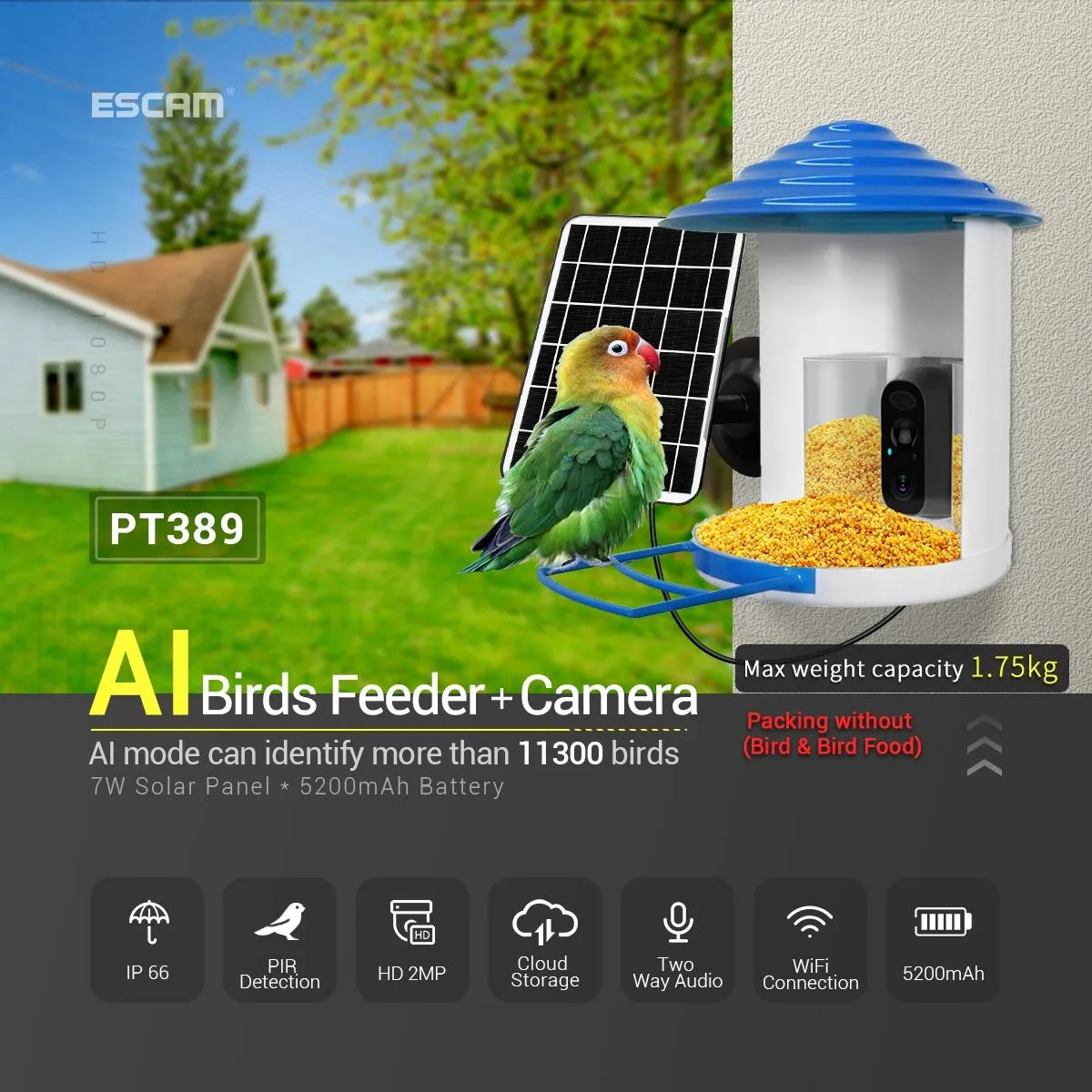 2MP Wifi Camera | AI Bird Recognition | PIR Motion Detection