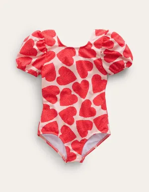 Printed Puff-sleeved Swimsuit-Ballet Pink Hearts