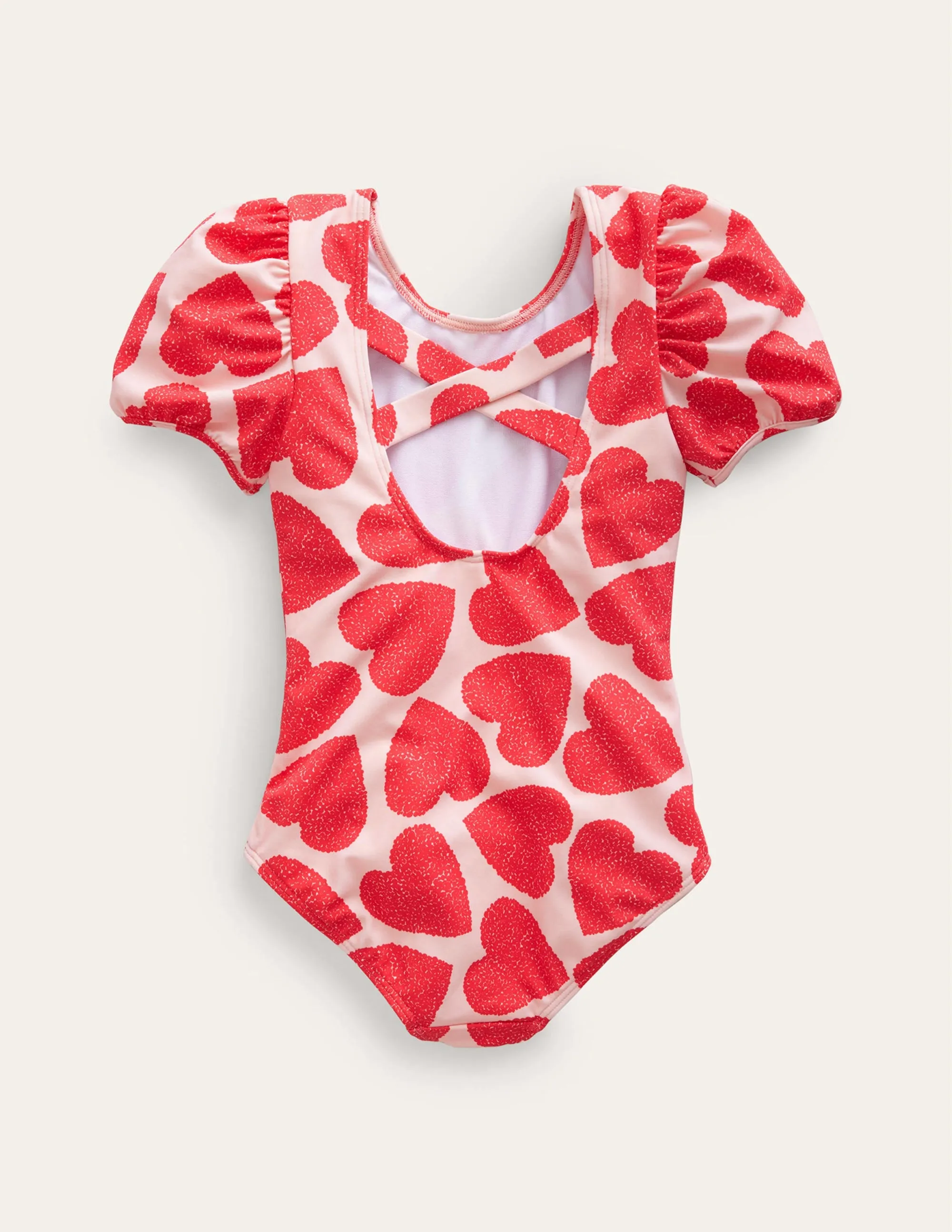 Printed Puff-sleeved Swimsuit-Ballet Pink Hearts
