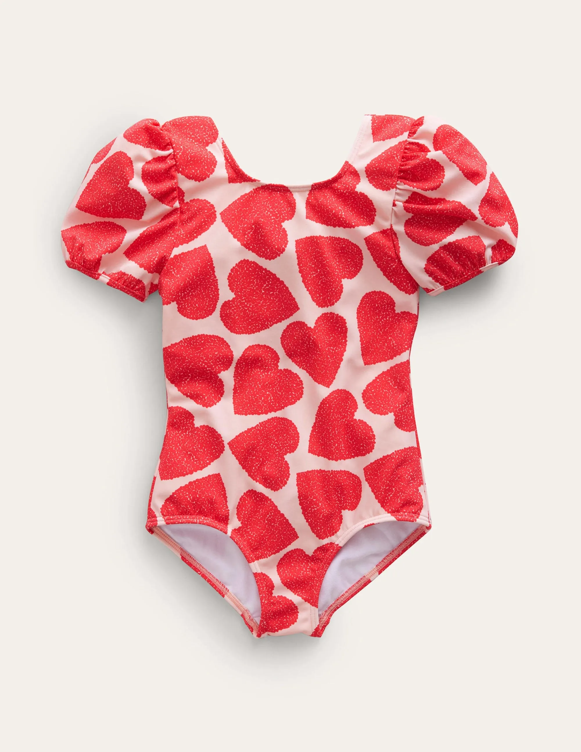 Printed Puff-sleeved Swimsuit-Ballet Pink Hearts
