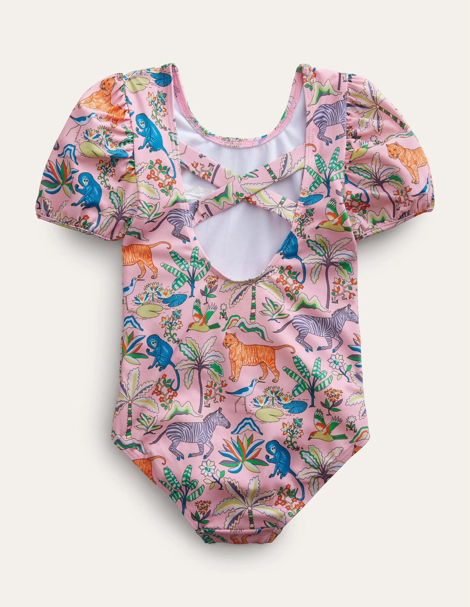 Printed Puff-sleeved Swimsuit-Cameo Pink Tropical Garden