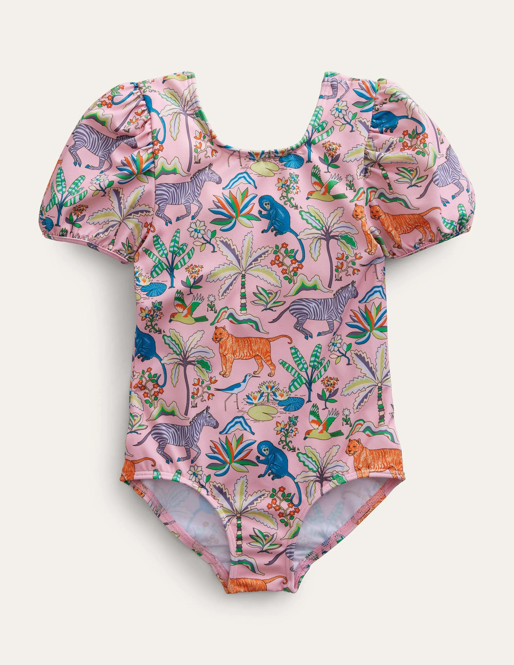 Printed Puff-sleeved Swimsuit-Cameo Pink Tropical Garden