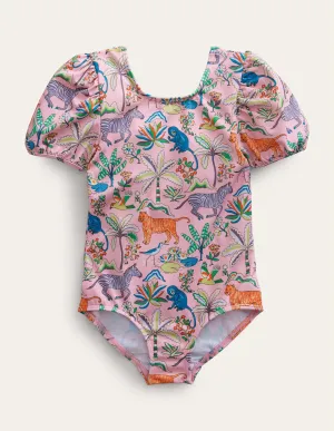 Printed Puff-sleeved Swimsuit-Cameo Pink Tropical Garden