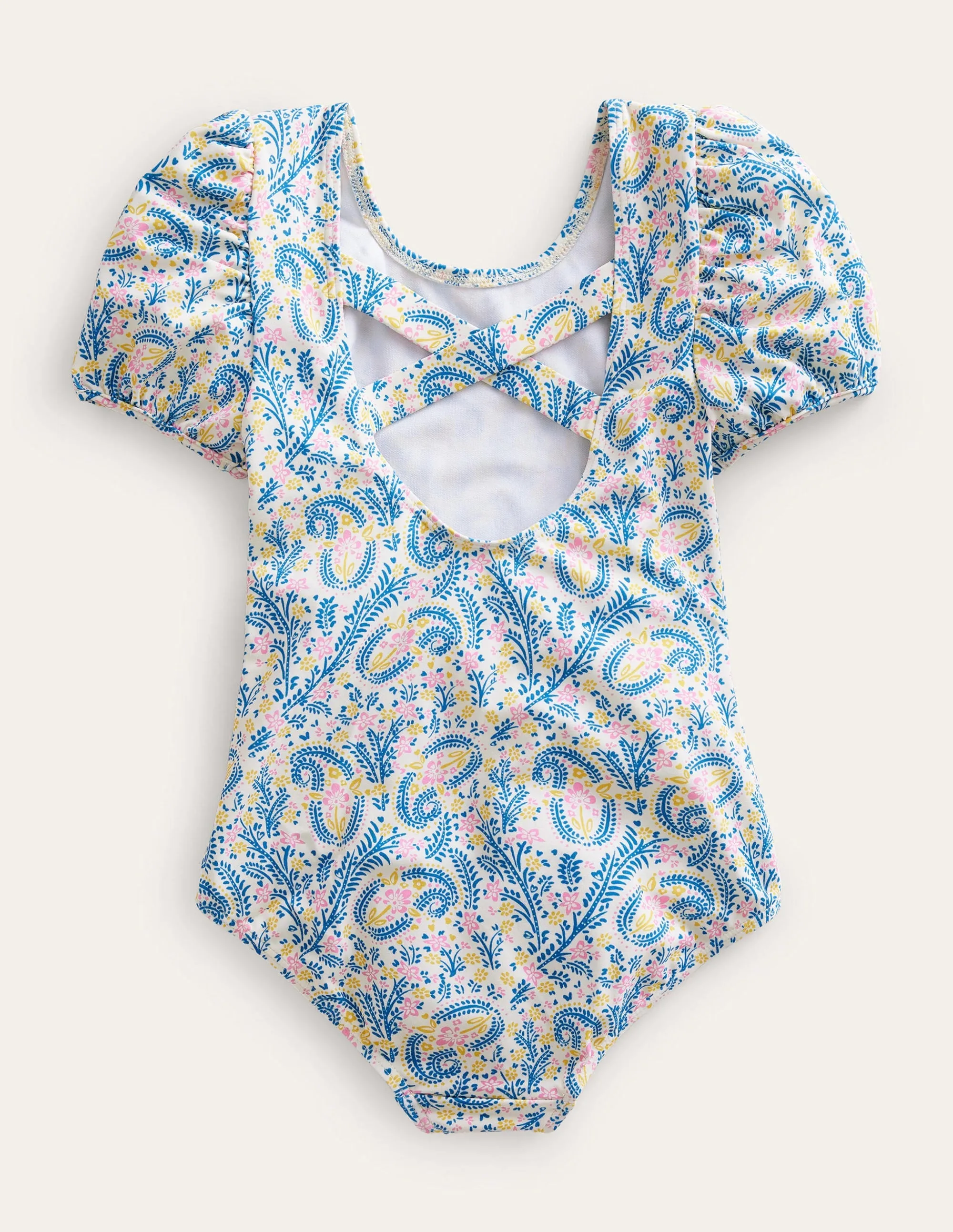 Printed Puff-sleeved Swimsuit-Ivory Paisley