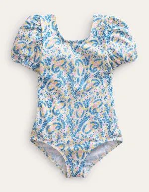 Printed Puff-sleeved Swimsuit-Ivory Paisley