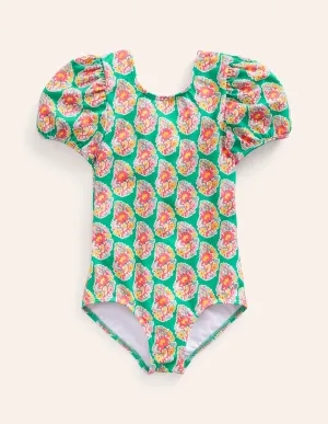 Printed Puff-sleeved Swimsuit-Jade Green Paisley