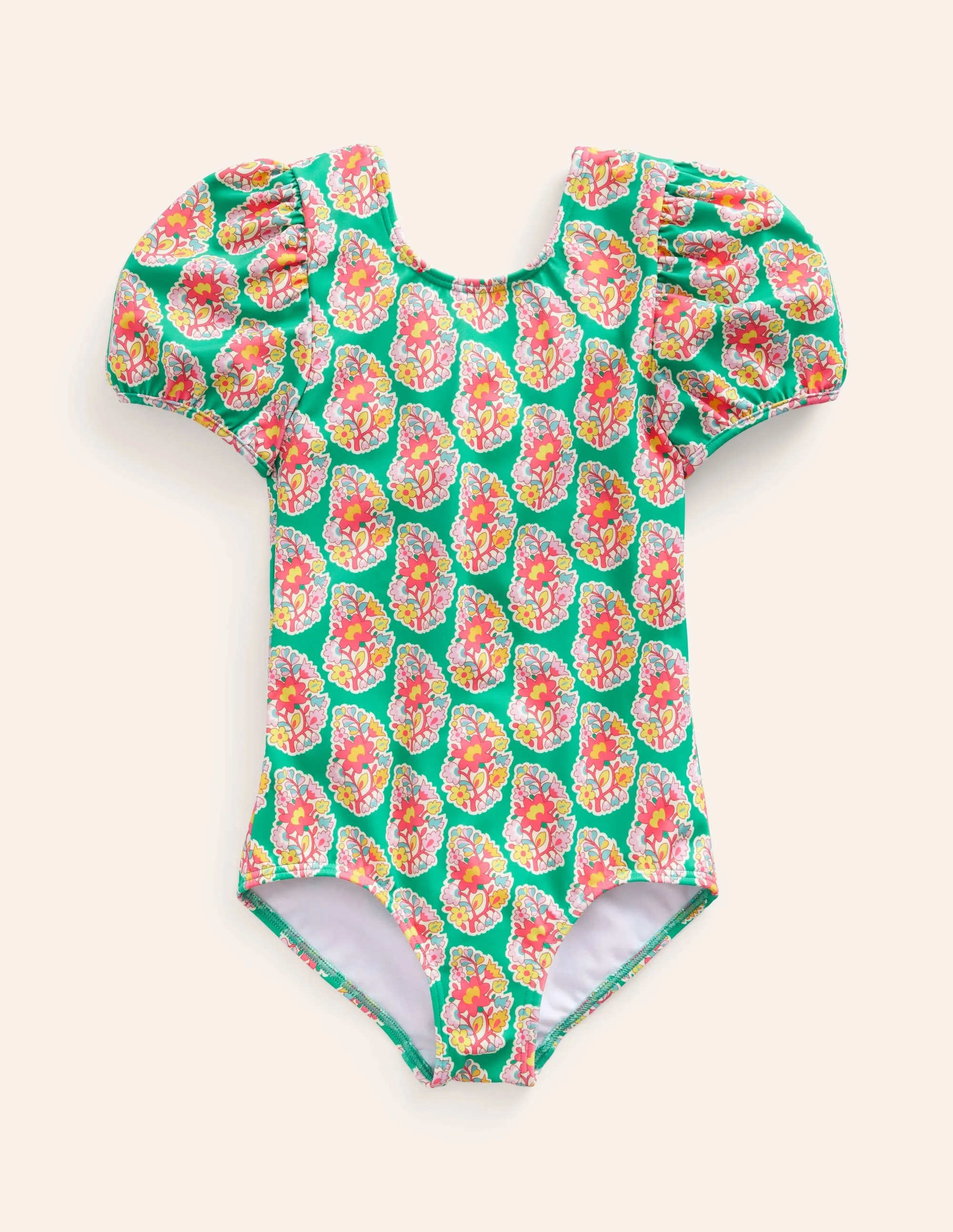 Printed Puff-sleeved Swimsuit-Jade Green Paisley