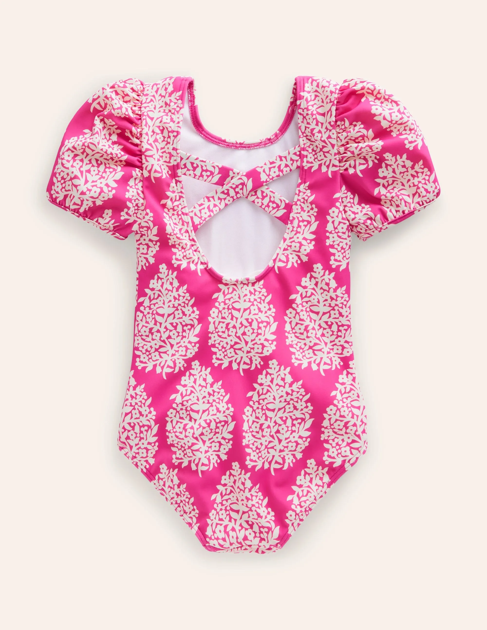Printed Puff-sleeved Swimsuit-Pink Small Flower Stamp