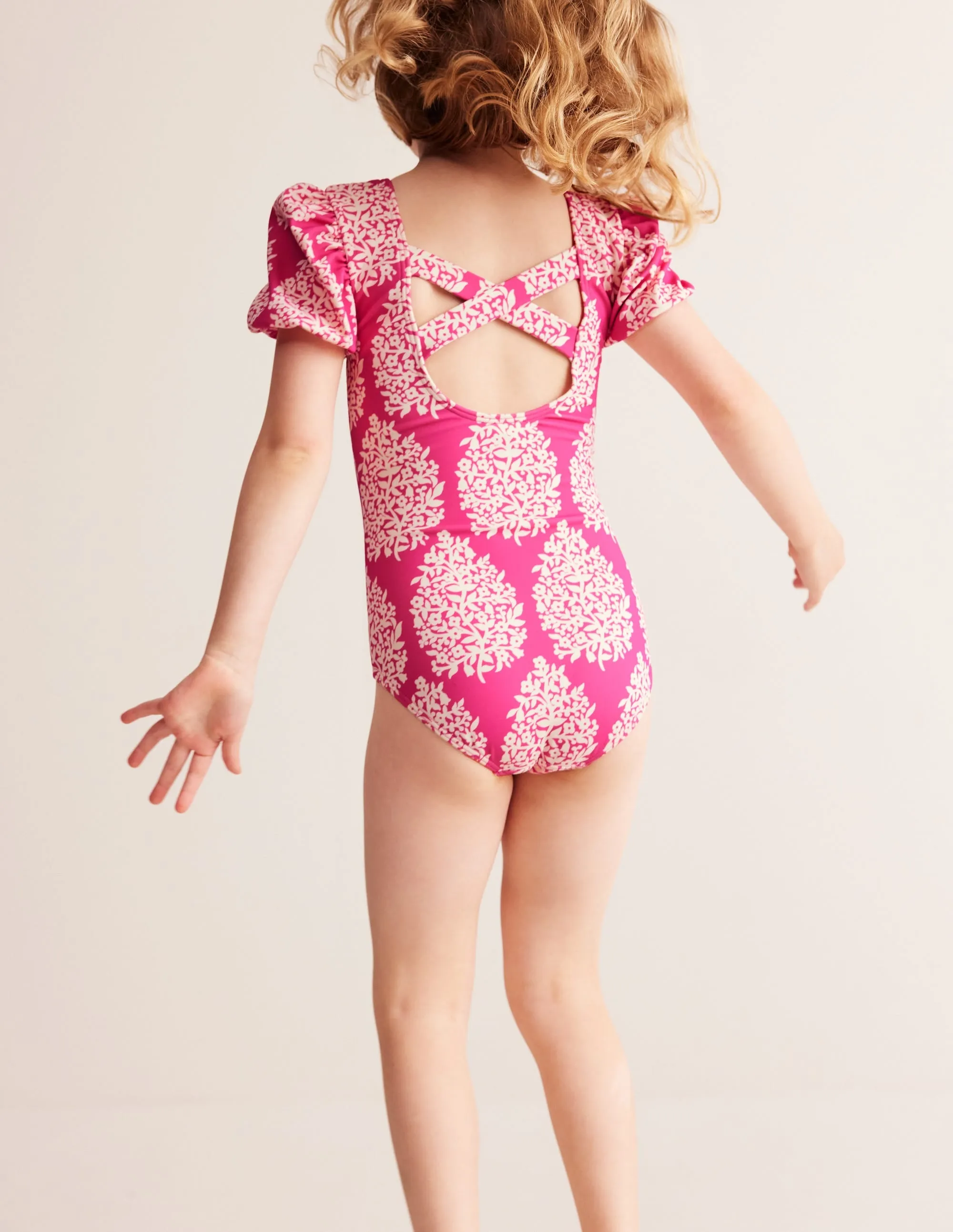Printed Puff-sleeved Swimsuit-Pink Small Flower Stamp