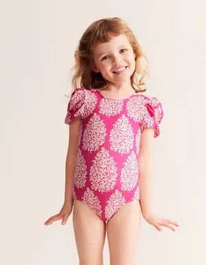 Printed Puff-sleeved Swimsuit-Pink Small Flower Stamp