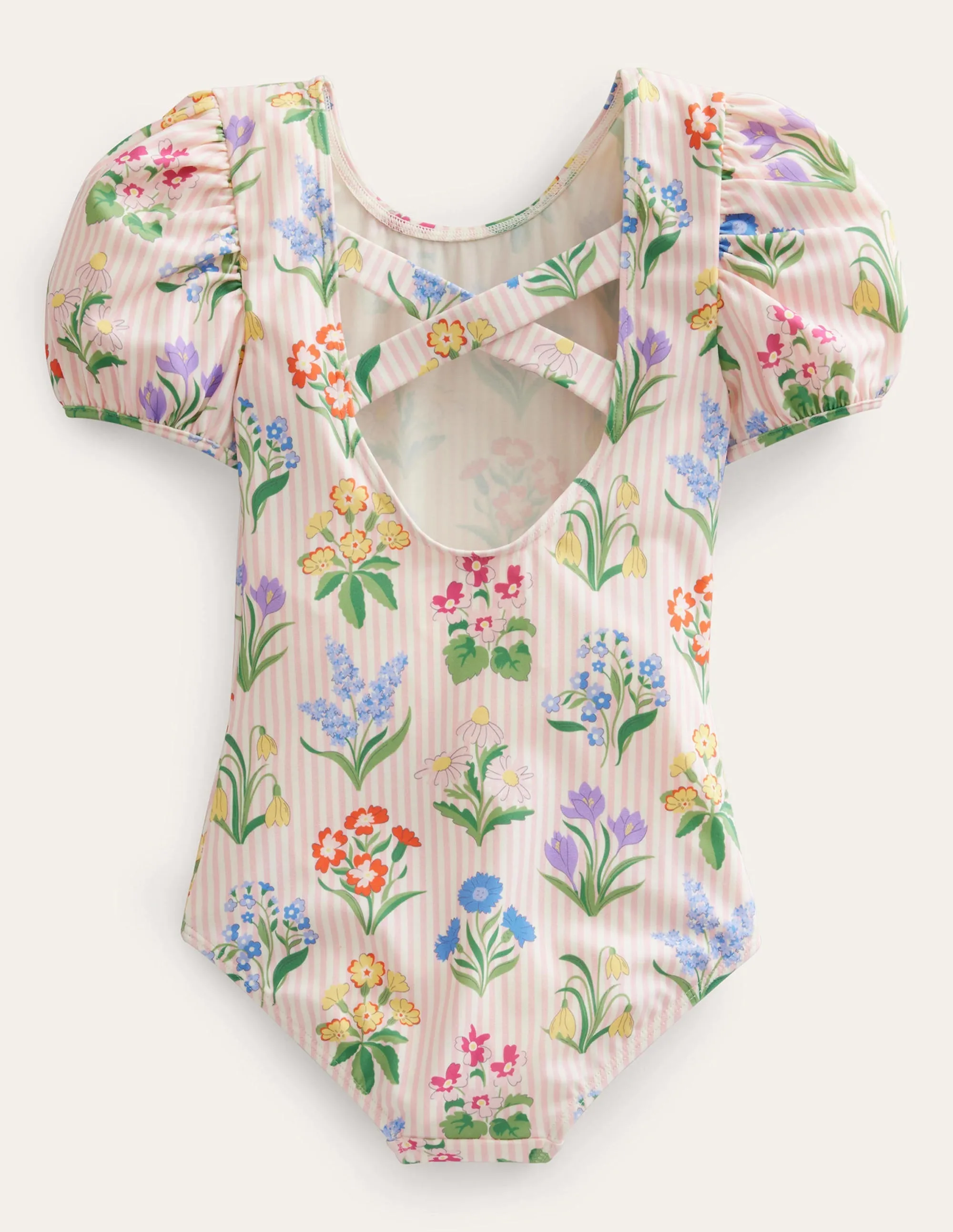 Printed Puff-sleeved Swimsuit-Pink Ticking Stripe Flowers