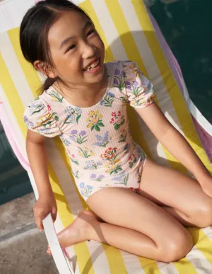 Printed Puff-sleeved Swimsuit-Pink Ticking Stripe Flowers