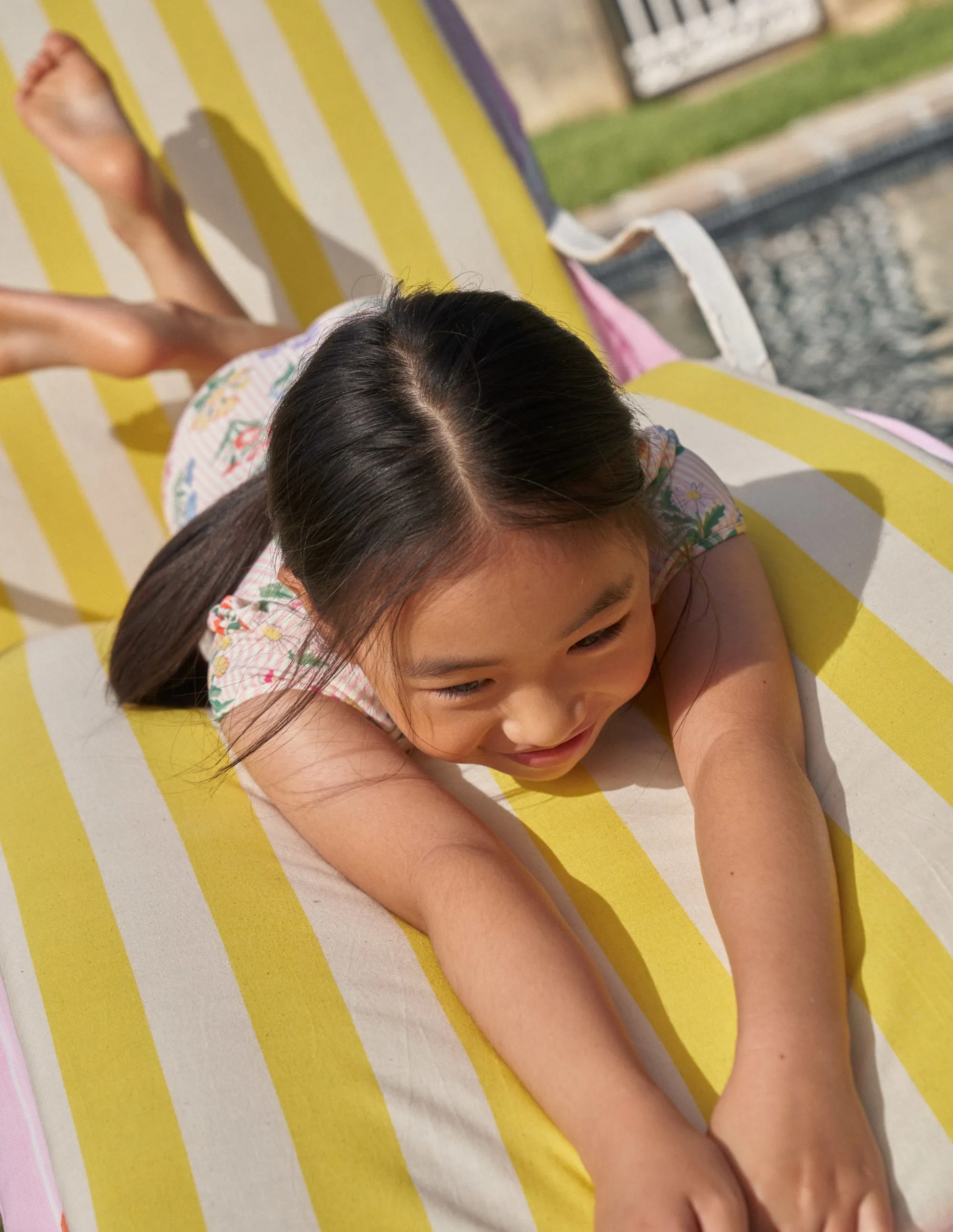 Printed Puff-sleeved Swimsuit-Pink Ticking Stripe Flowers