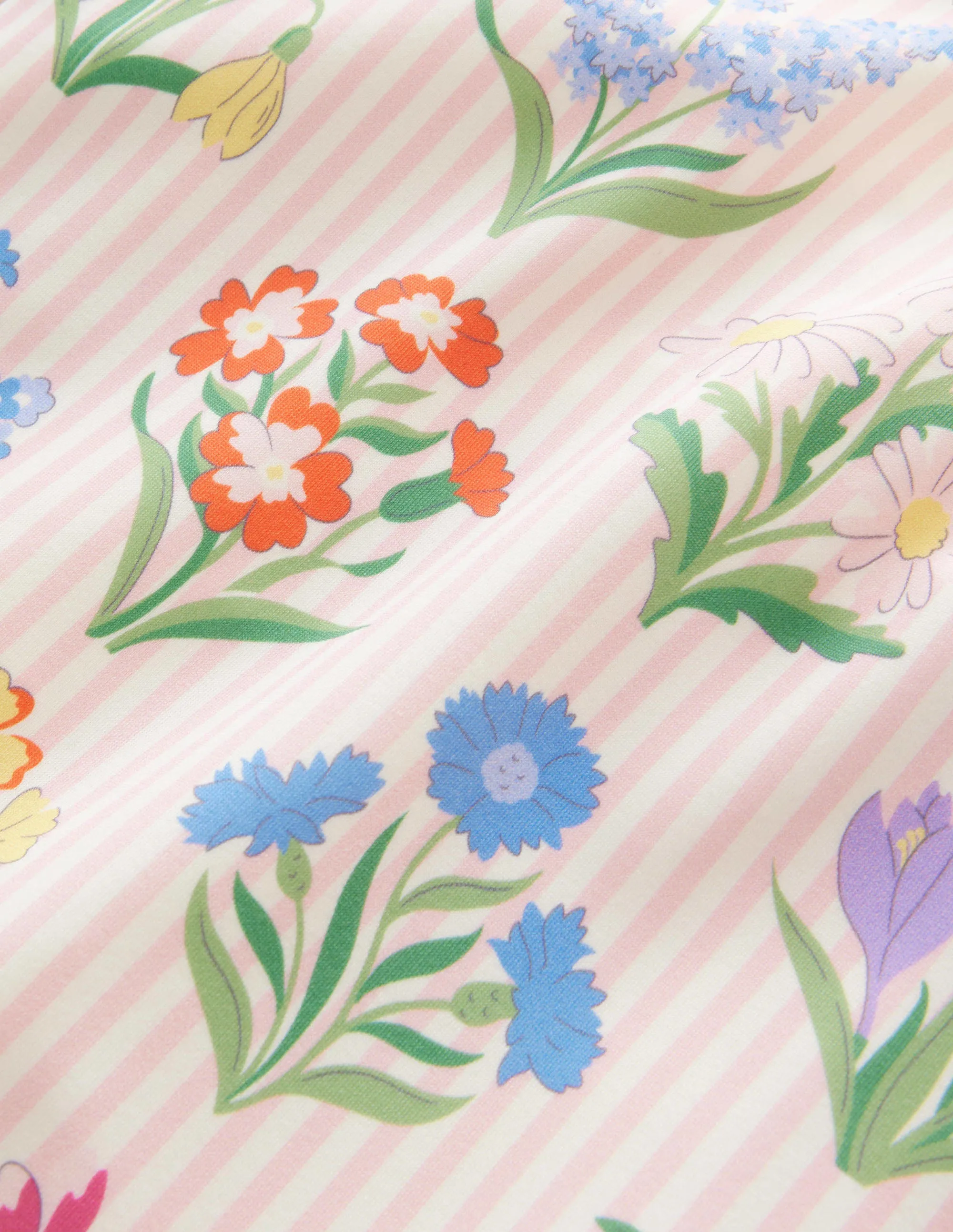 Printed Puff-sleeved Swimsuit-Pink Ticking Stripe Flowers