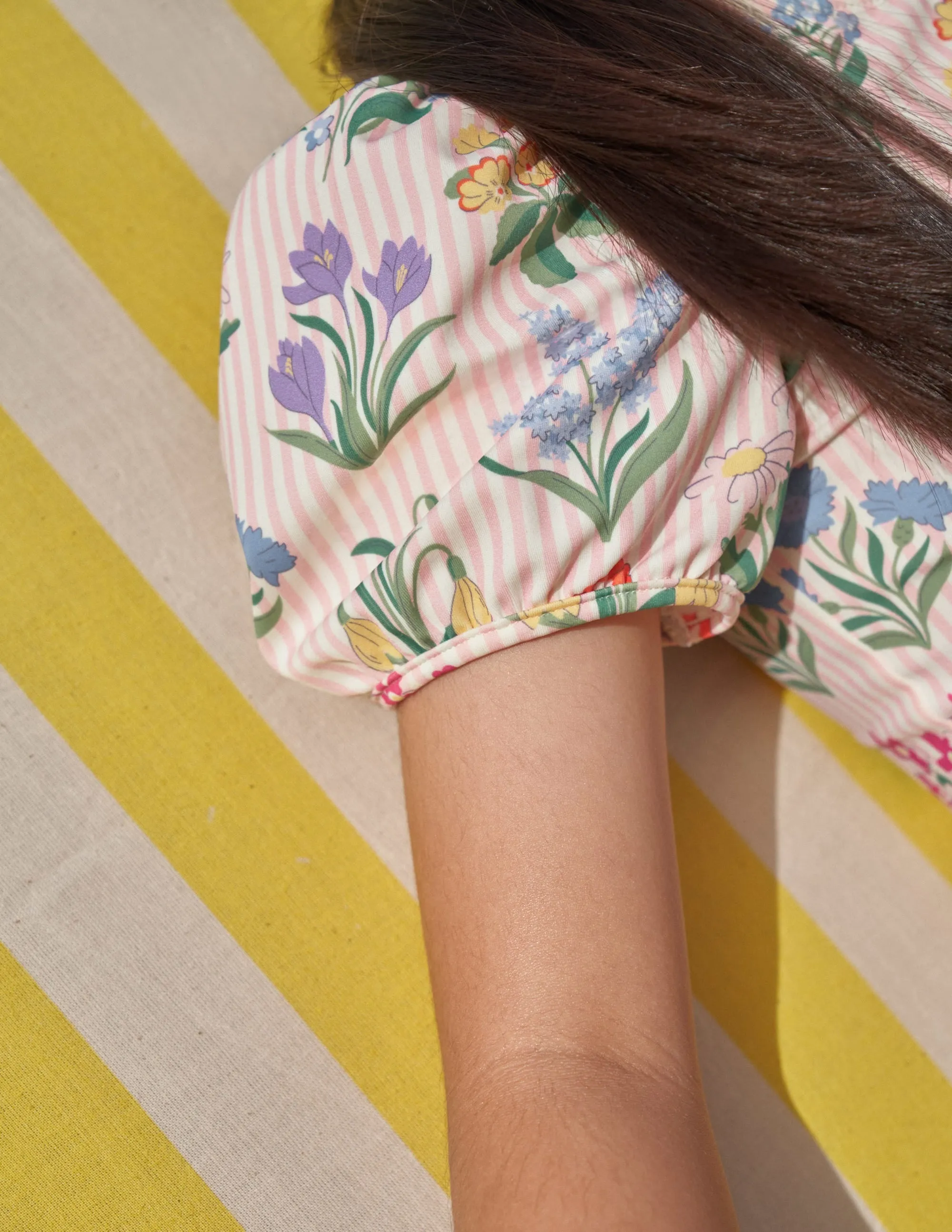 Printed Puff-sleeved Swimsuit-Pink Ticking Stripe Flowers