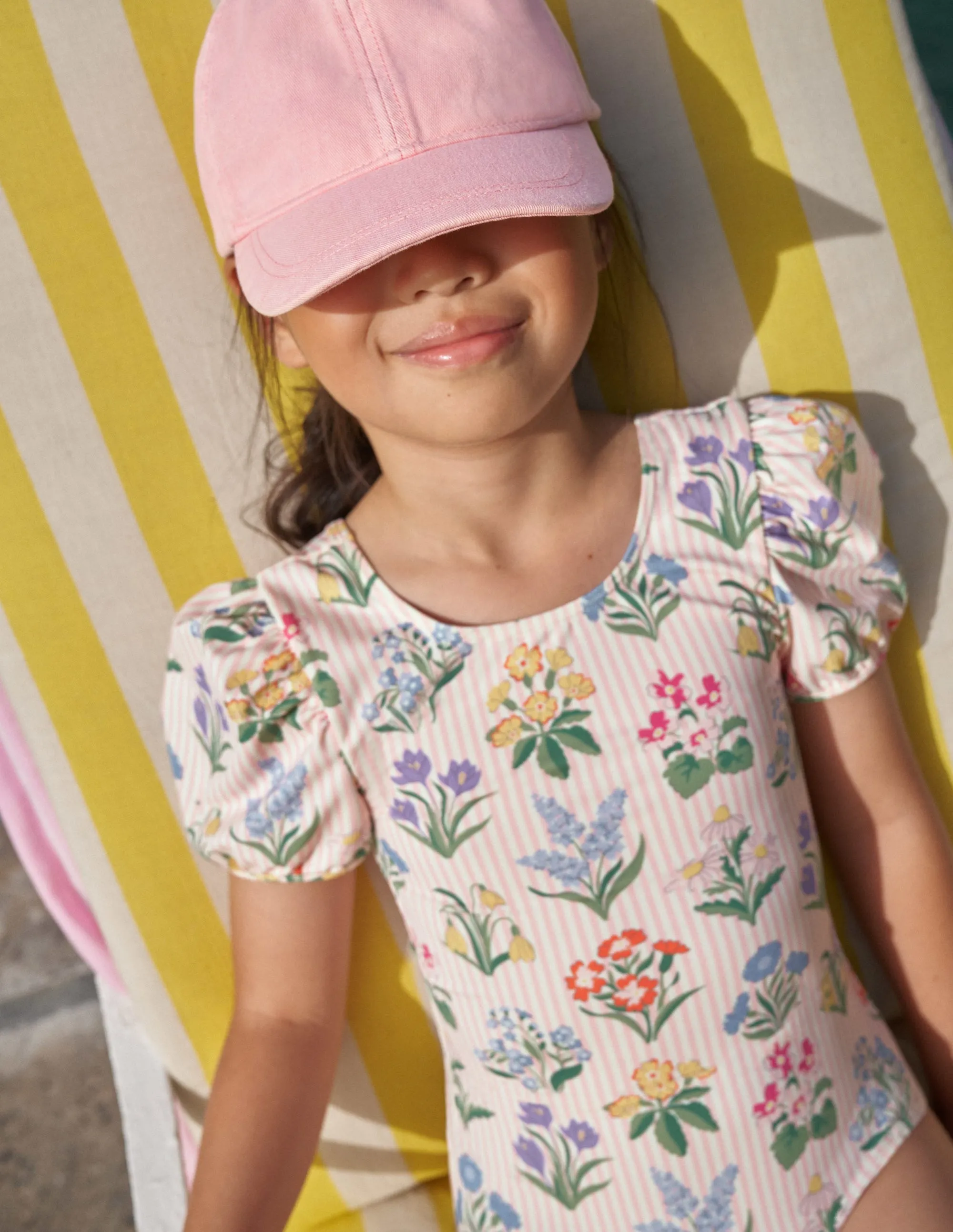 Printed Puff-sleeved Swimsuit-Pink Ticking Stripe Flowers
