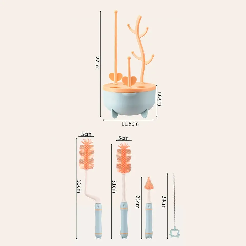 THE LITTLE LOOKERS Silicone Bottle Brush Set with Stand, 360° Rotating Silicone Bottle Cleaning Brush Cleaner Set, Long Handle 4 in 1 Multipurpose Silicone Baby Bottle Straw Cleaner Brush